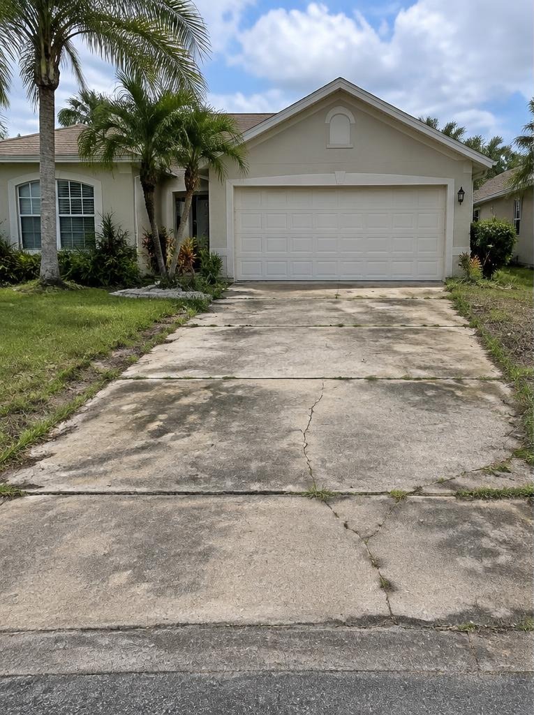 AI example of a weathered concrete driveway before updating